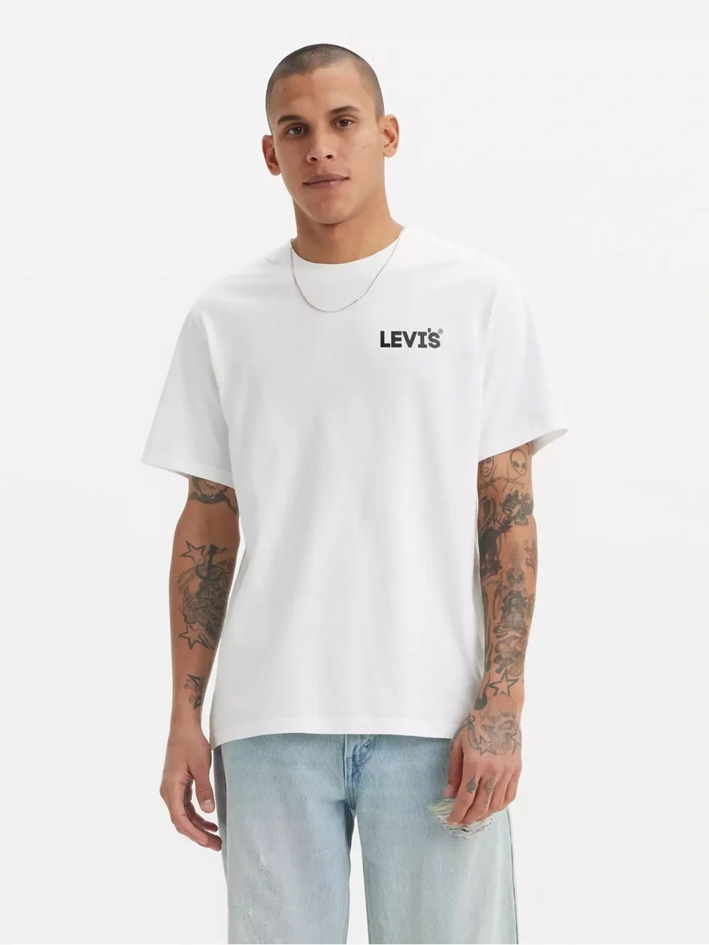 Levi's White Tee with Black Tropical Print and Pink Logo